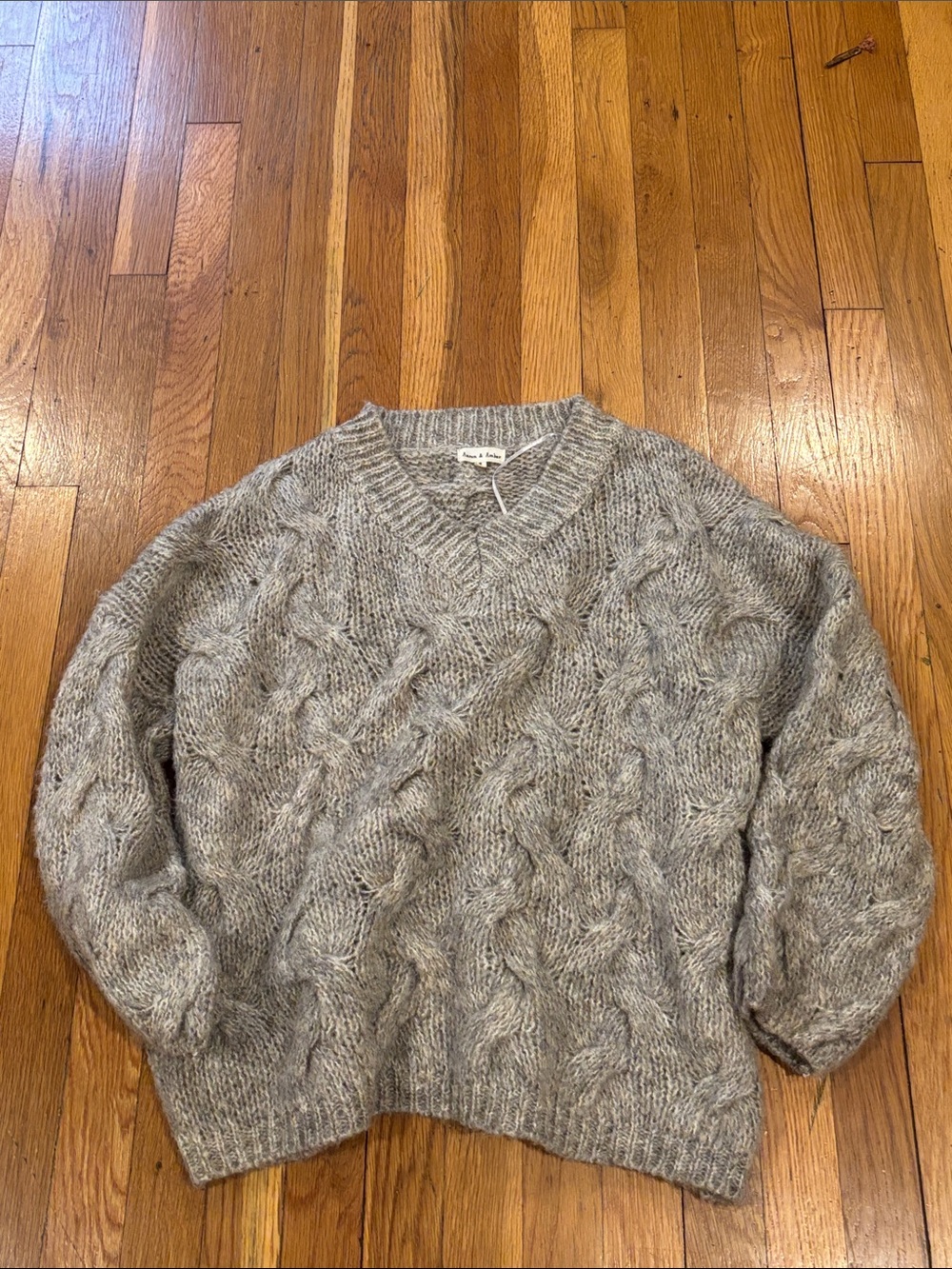 Gray Cable‑Knit V‑Neck Sweater
